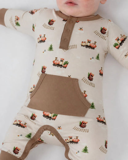 Bamboo Long Sleeve Pocket Romper- Christmas Train