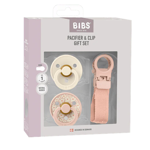 BIBS Colour Round Pacifier & Loop Clip Gift Set- Blush