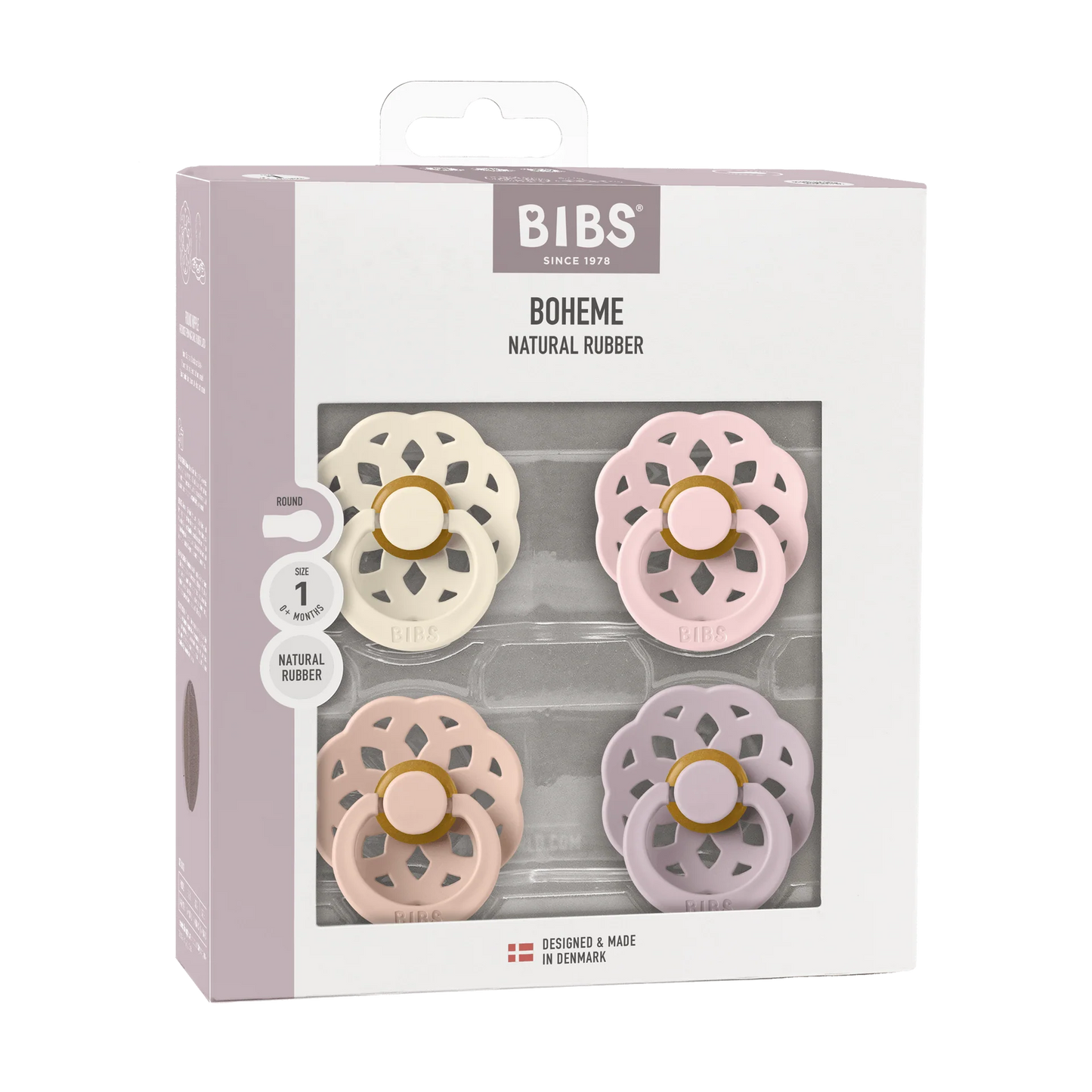 Boheme Round Pacifier 4pk.- Ivory/Blush/Blossom/Dusky Lilac