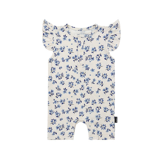 Bamboo Ruffled Sleeves Shortall Romper- Bluebell