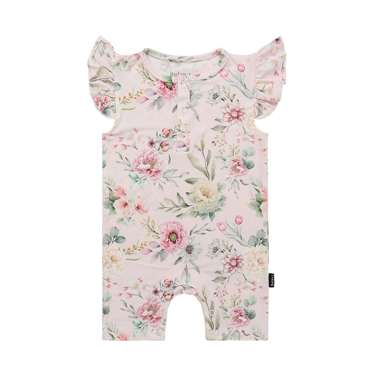 Bamboo Ruffled Sleeves Shortall Romper- Floral Bliss