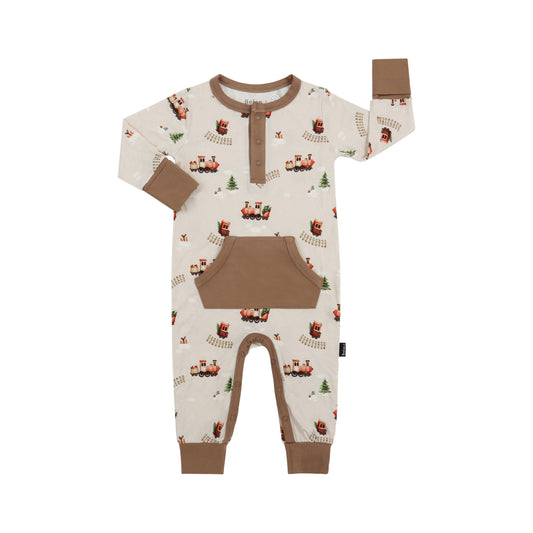 Bamboo Long Sleeve Pocket Romper- Christmas Train
