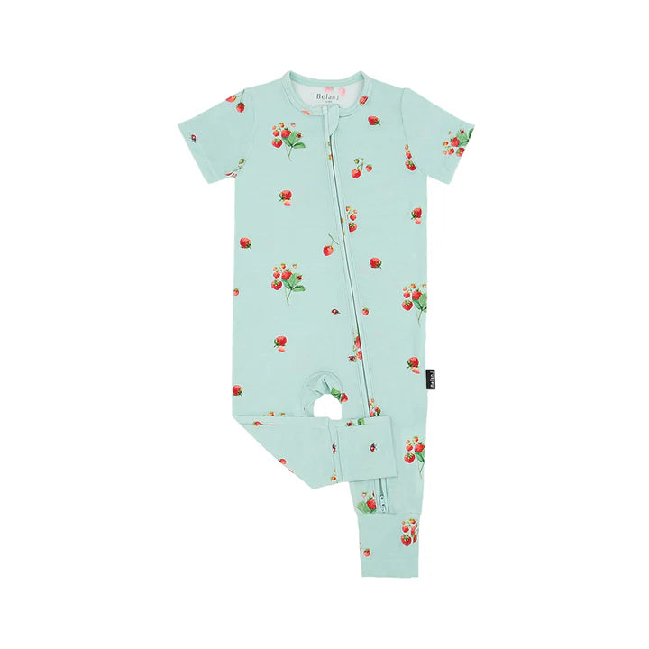 Short Sleeves Bamboo Zipper Romper- Strawberry Garden