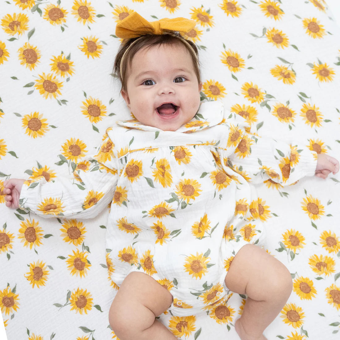 Organic Cotton Muslin Bubble Romper- Baby Sunflower