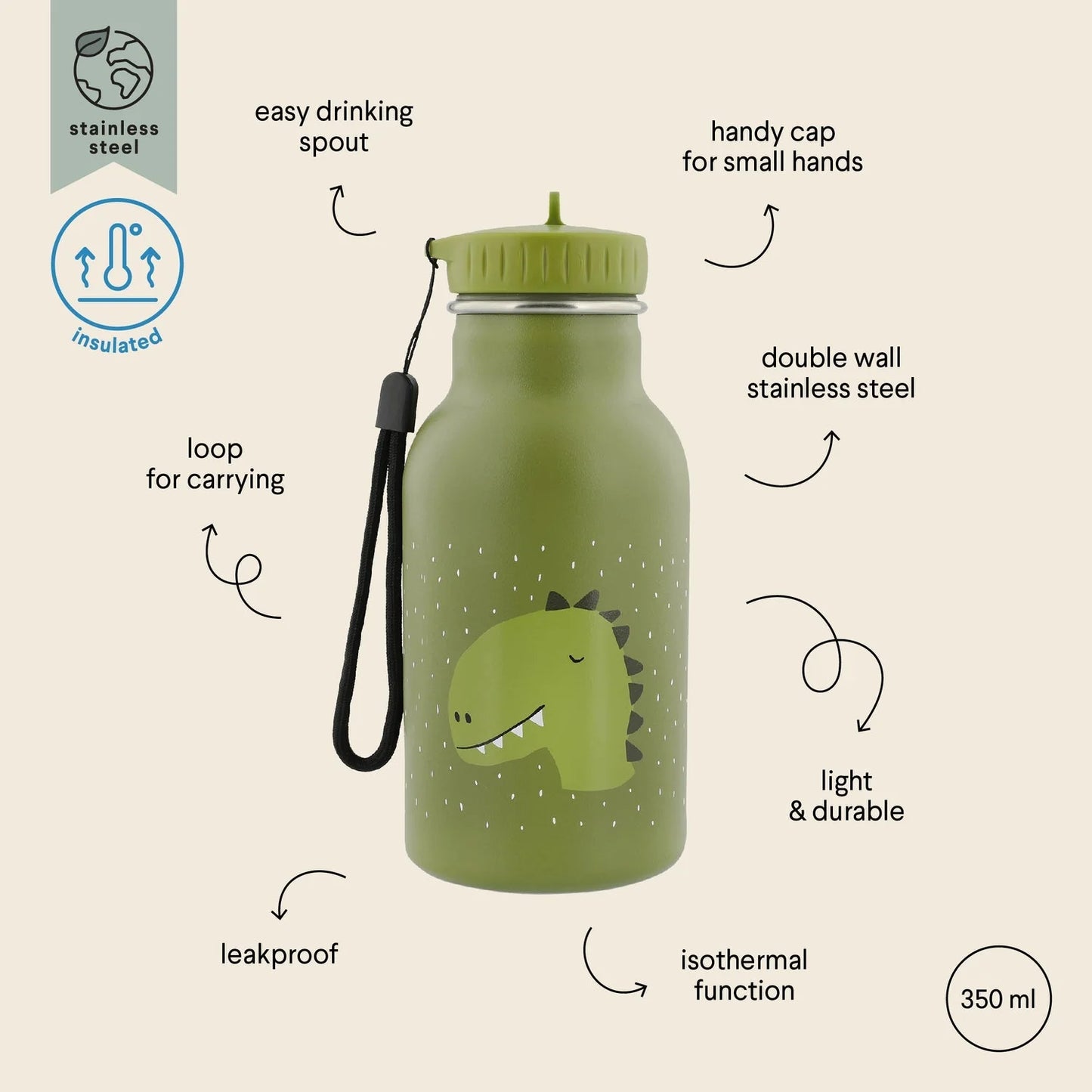 Stainless Steel 350ml Water Bottle- Mr. Dino
