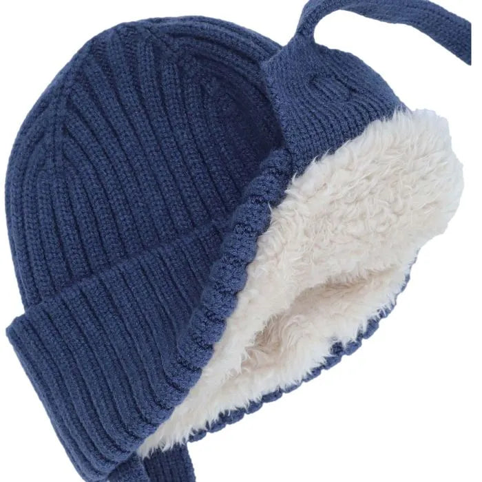 Plush-Lined Ribbed Knit Beanie- Blue