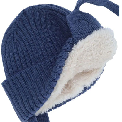 Plush-Lined Ribbed Knit Beanie- Blue