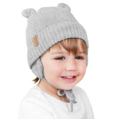Cozy Fleece-Lined Knit Bear Hat- Soft Grey