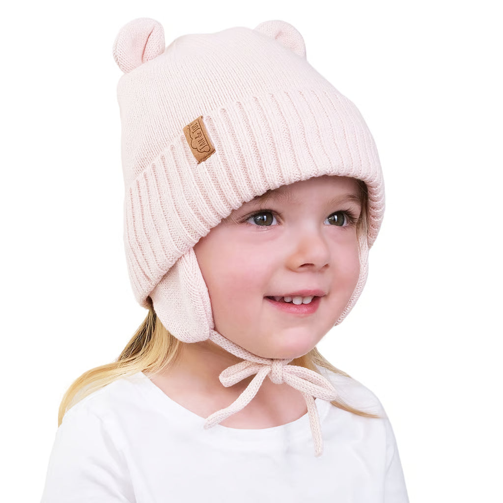 Cozy Fleece-Lined Knit Bear Hat- Light Pink