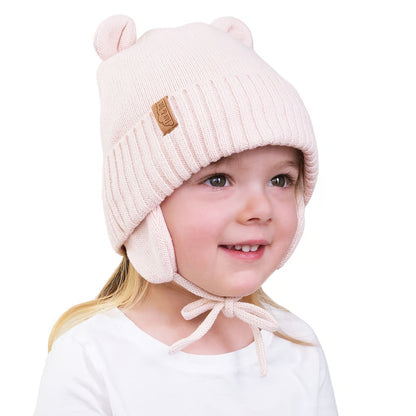 Cozy Fleece-Lined Knit Bear Hat- Light Pink