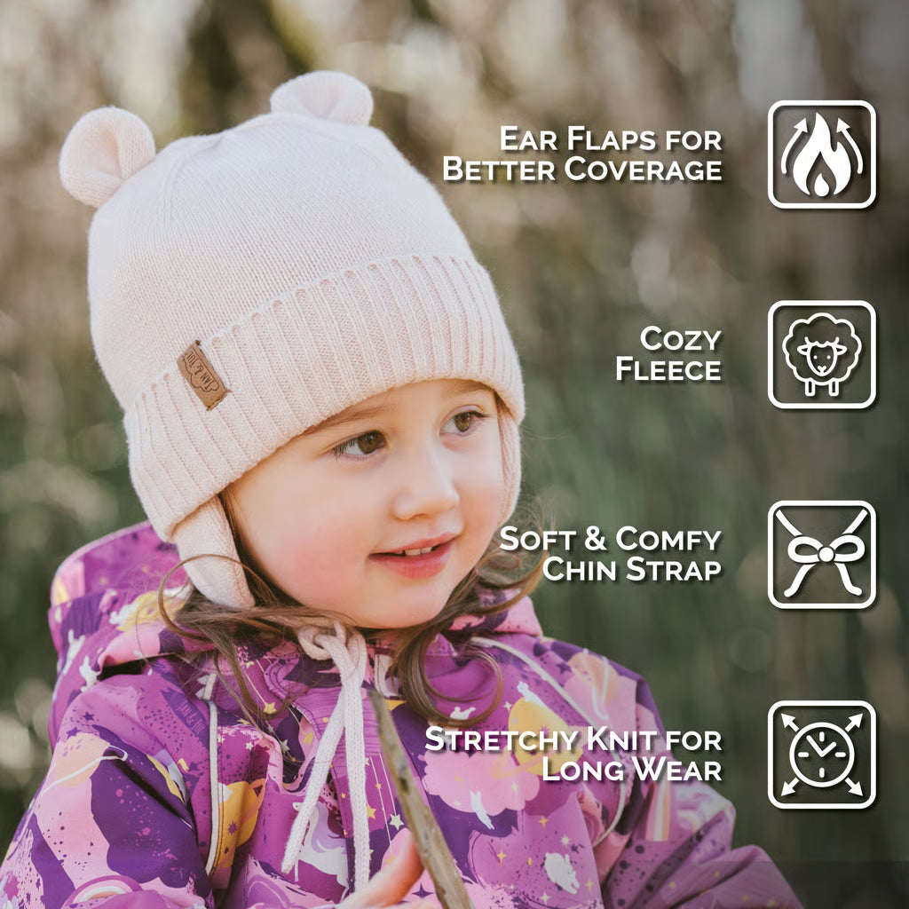 Cozy Fleece-Lined Knit Bear Hat- Light Pink