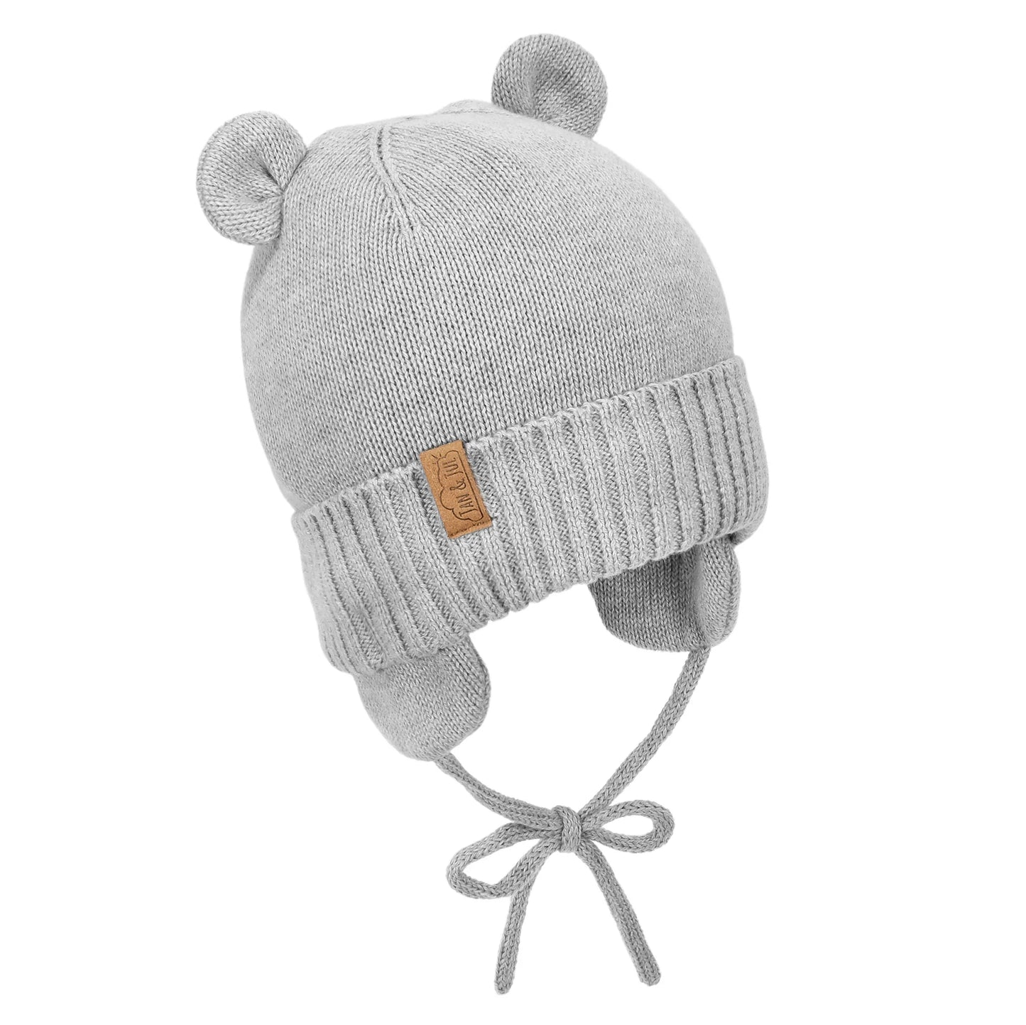 Cozy Fleece-Lined Knit Bear Hat- Soft Grey